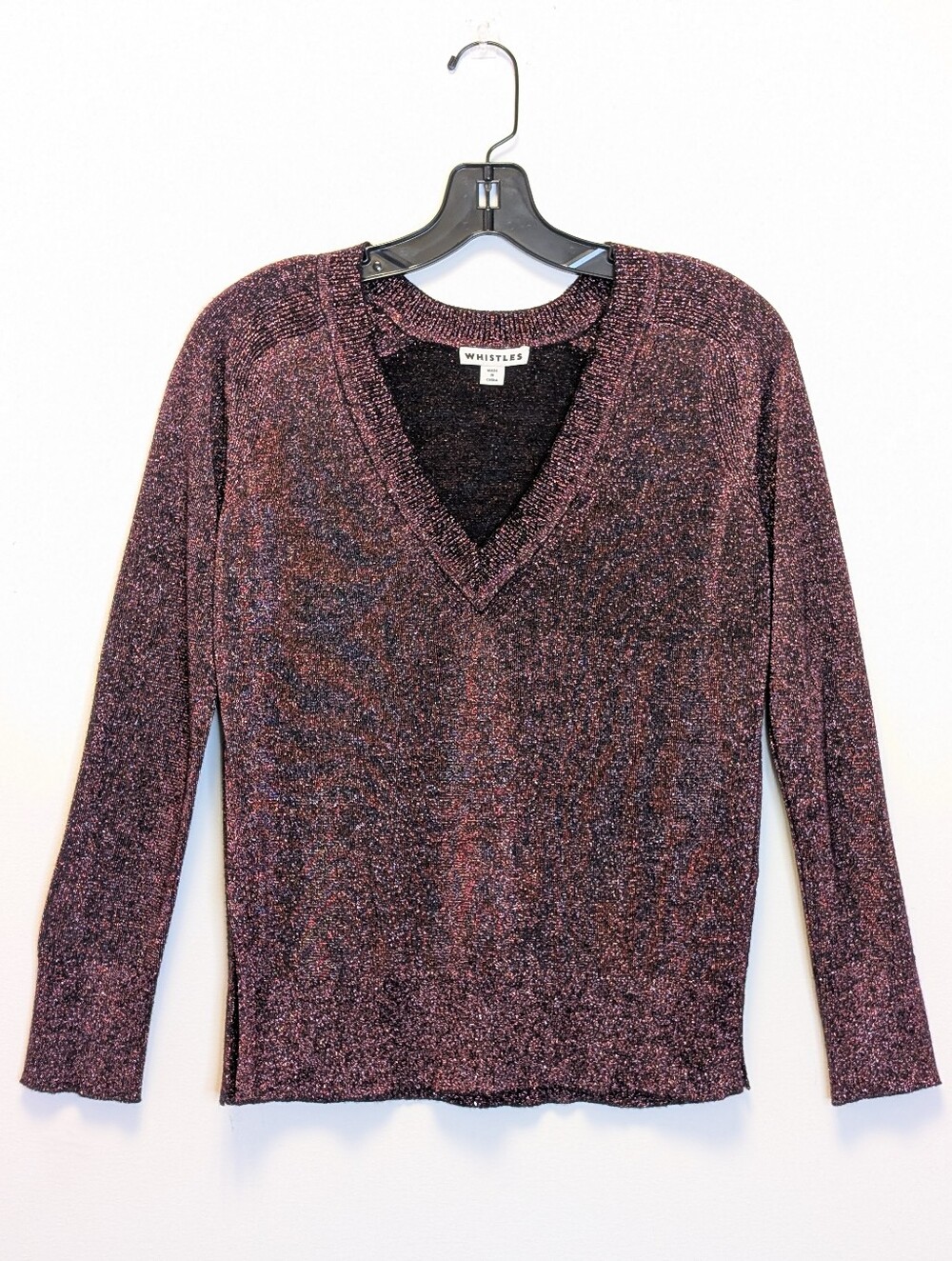 Whistles Metallic Burgundy V Neck Side Slit Sweater XS